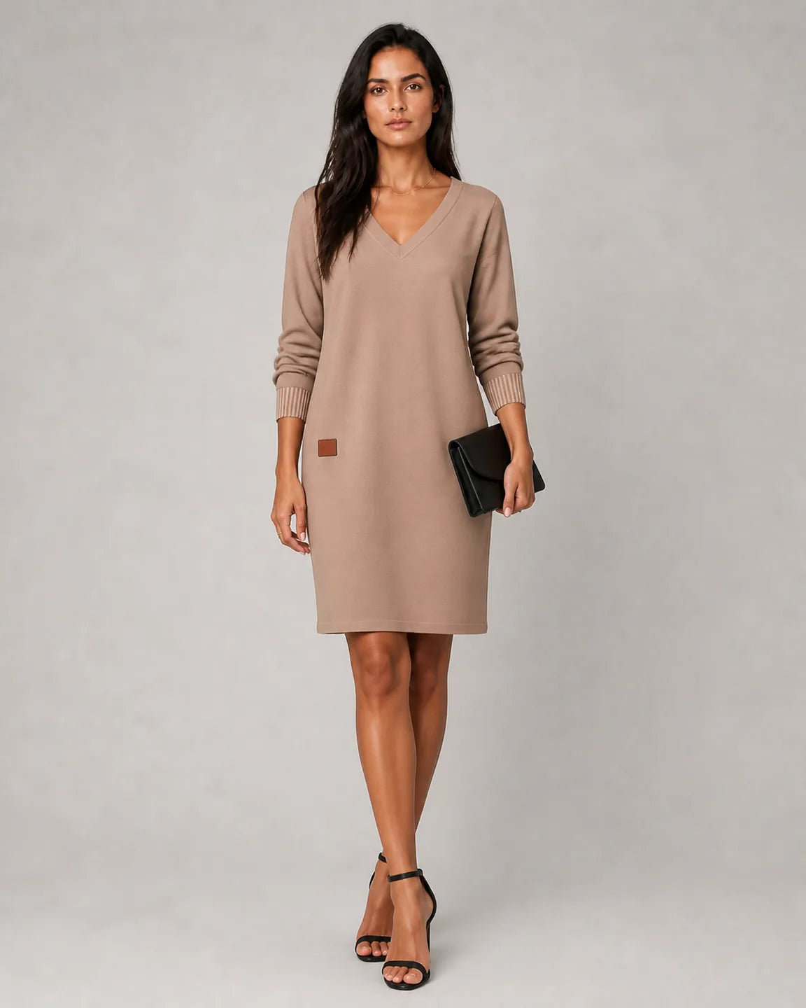 Ada-Belle Cozy Dress in Beige — full-body studio view