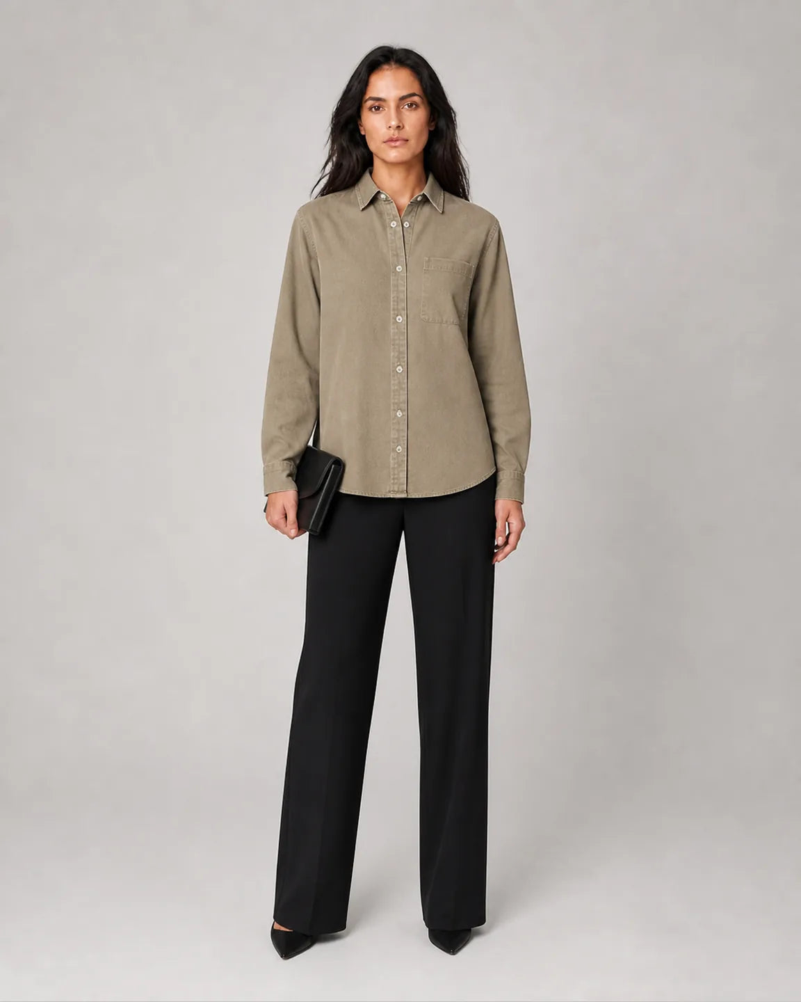 Ada-Faye Elegant shirt in Khaki — full-body studio view
