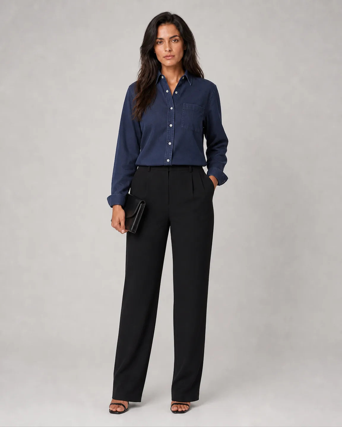 Ada-Faye Elegant shirt in Navy Blue — full-body studio view