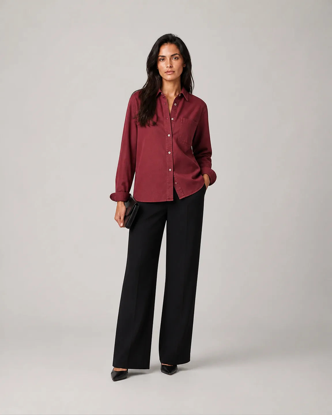 Ada-Faye Elegant shirt in Red — full-body studio view