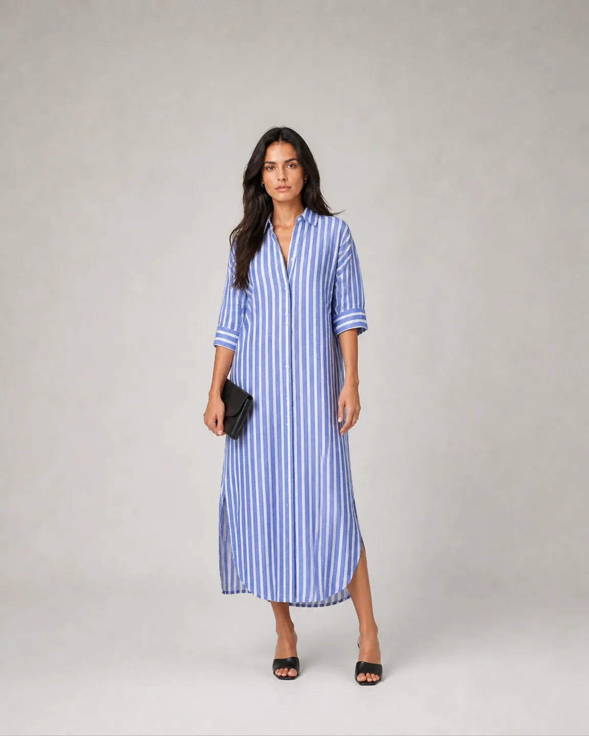 Ada-Grace Elegant Striped Summer Dress in Blue — full-body studio view