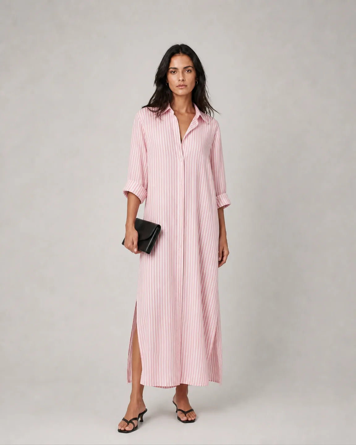 Ada-Grace Elegant Striped Summer Dress in Pink — full-body studio view