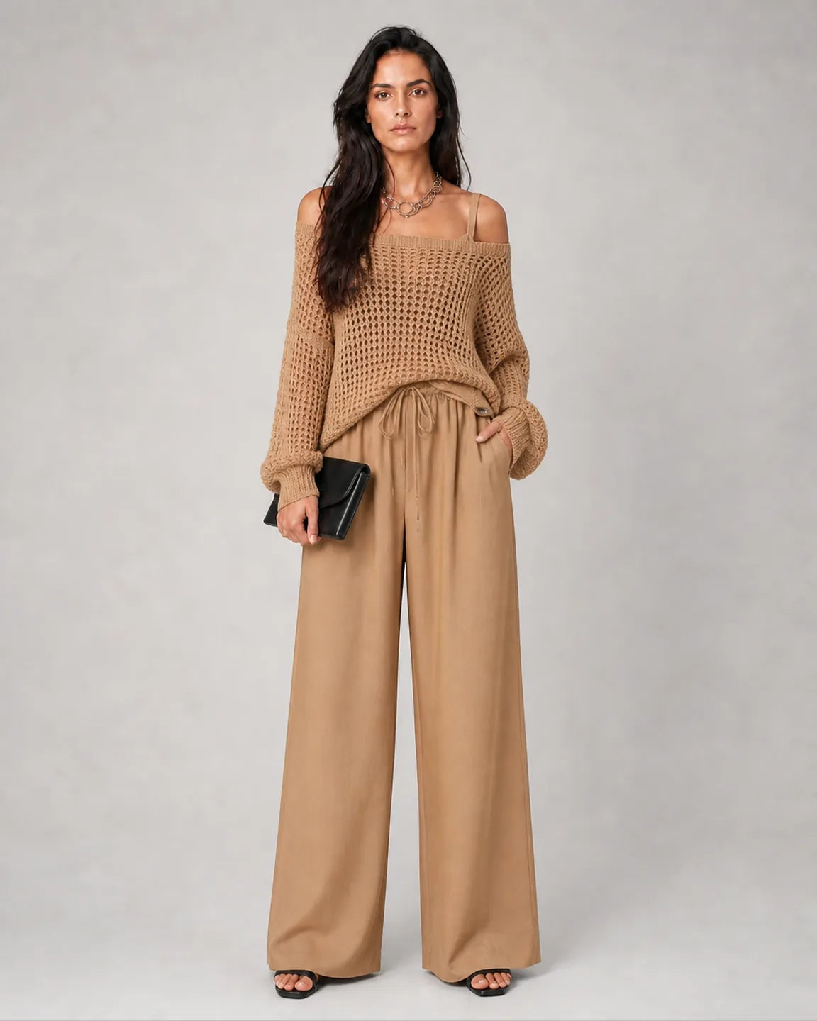 Ada-Rose Elegant Two-Piece Set in Khaki — full-body studio view