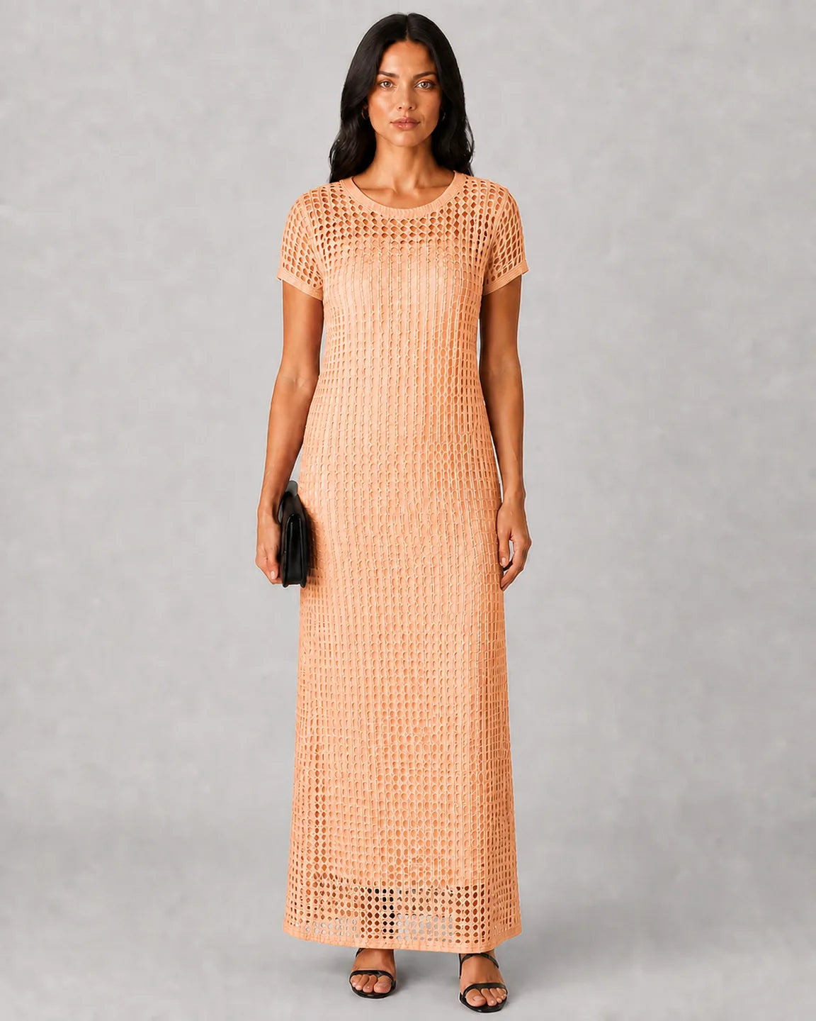 Adeline™ Elegant Maxi Dress in Apricot - full body studio front view