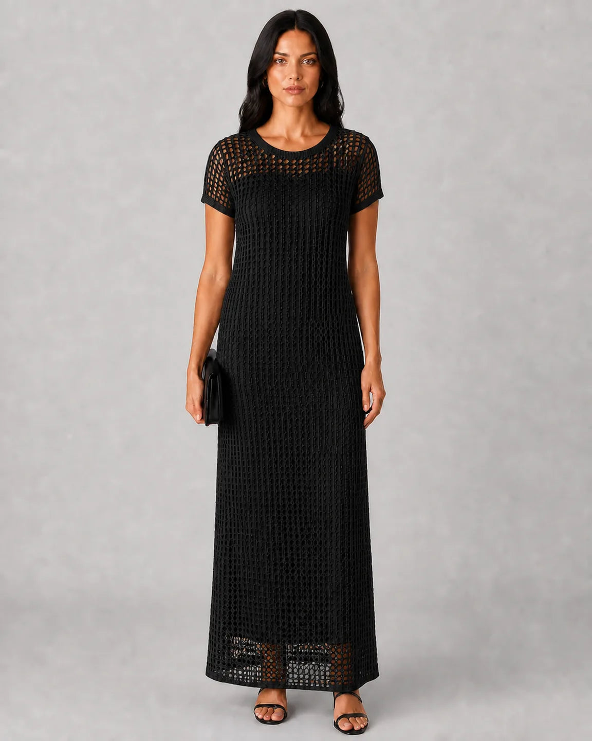 Adeline™ Elegant Maxi Dress in Black - full body studio front view