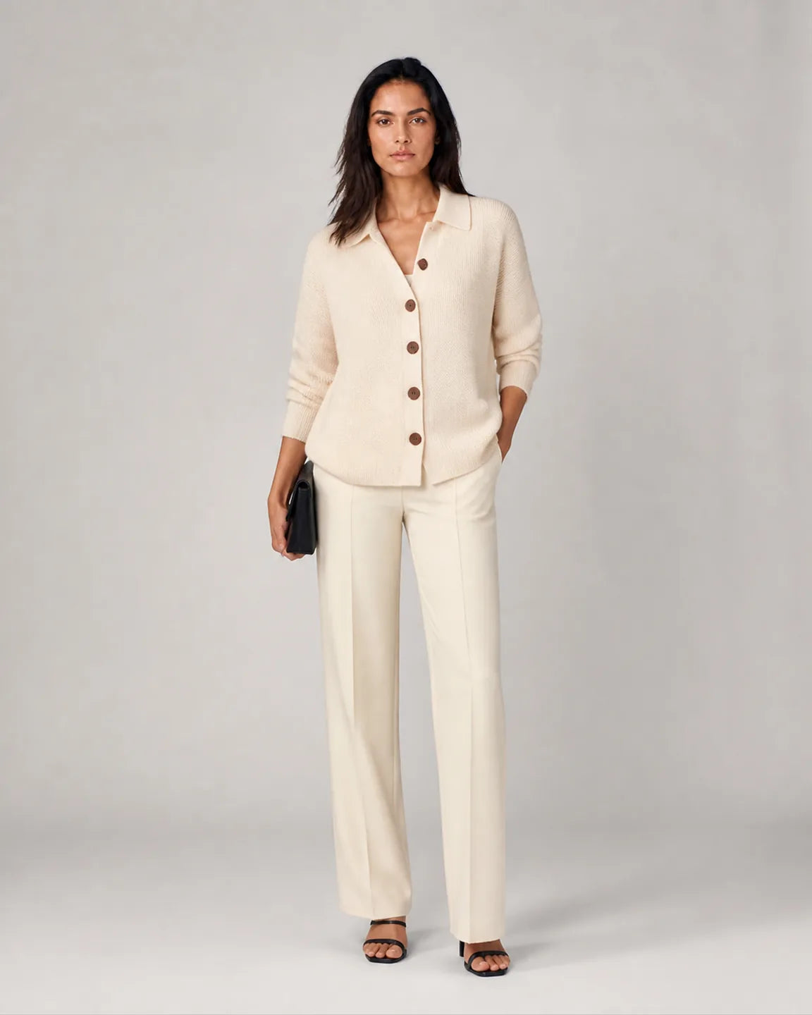 Ava-Belle Button-Up Knit Cardigan in Apricot — full-body studio view