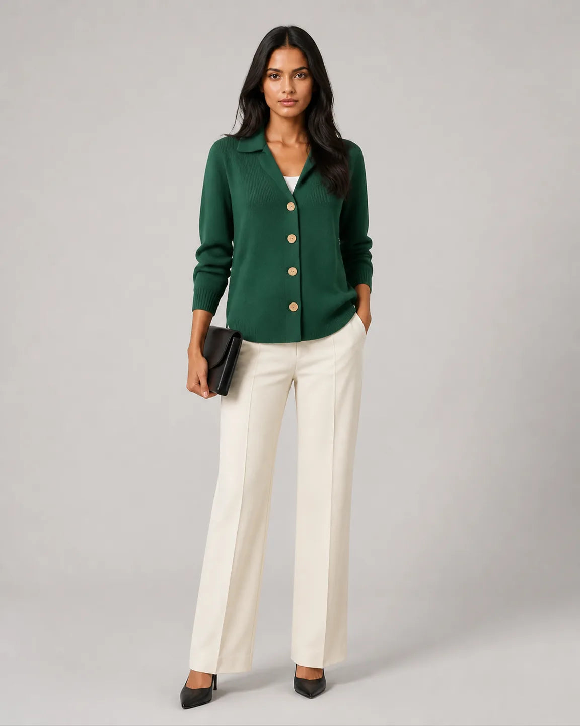 Ava-Belle Button-Up Knit Cardigan in Army Green — full-body studio view