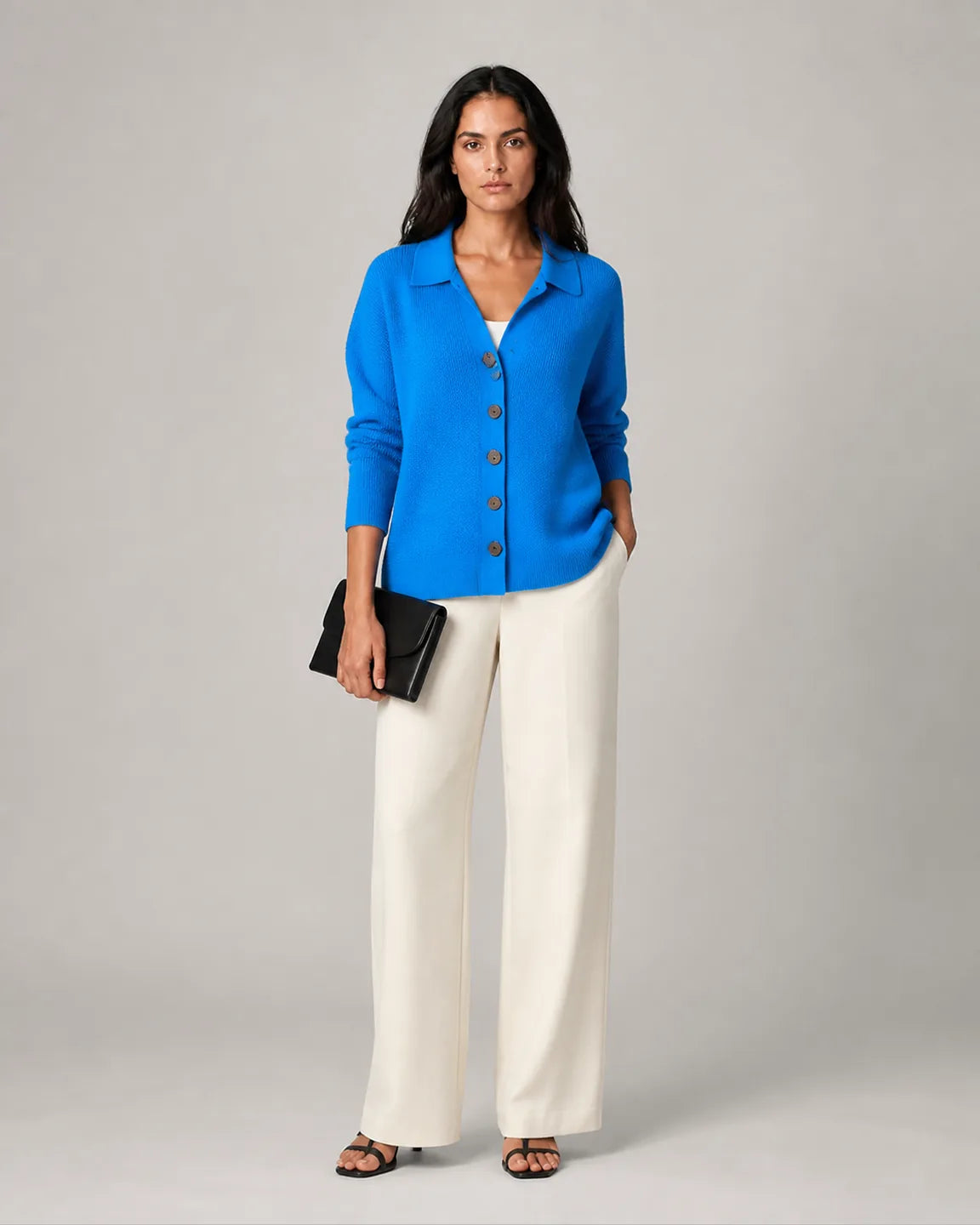 Ava-Belle Button-Up Knit Cardigan in Blue — full-body studio view