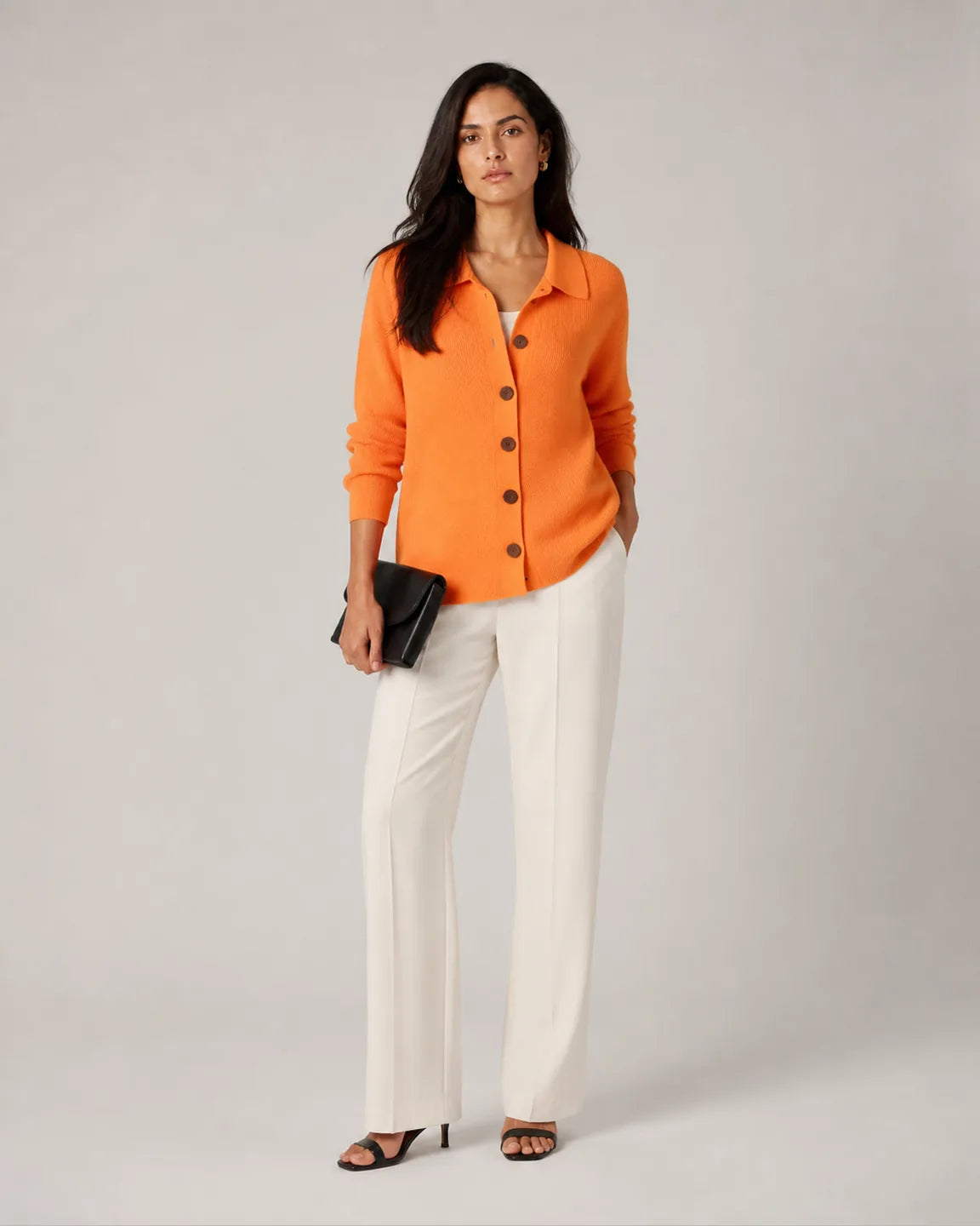 Ava-Belle Button-Up Knit Cardigan in Orange — full-body studio view