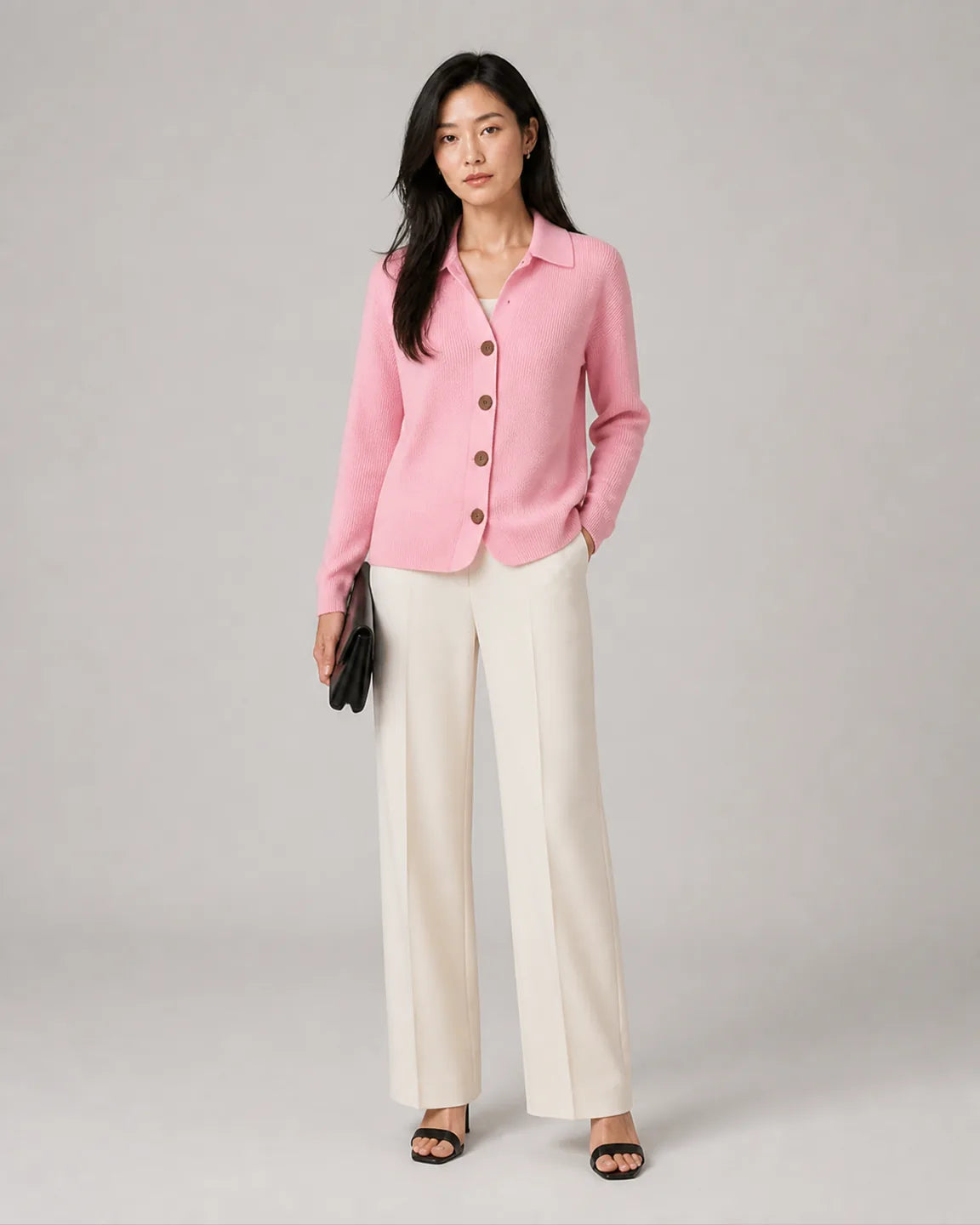 Ava-Belle Button-Up Knit Cardigan in Pink — full-body studio view