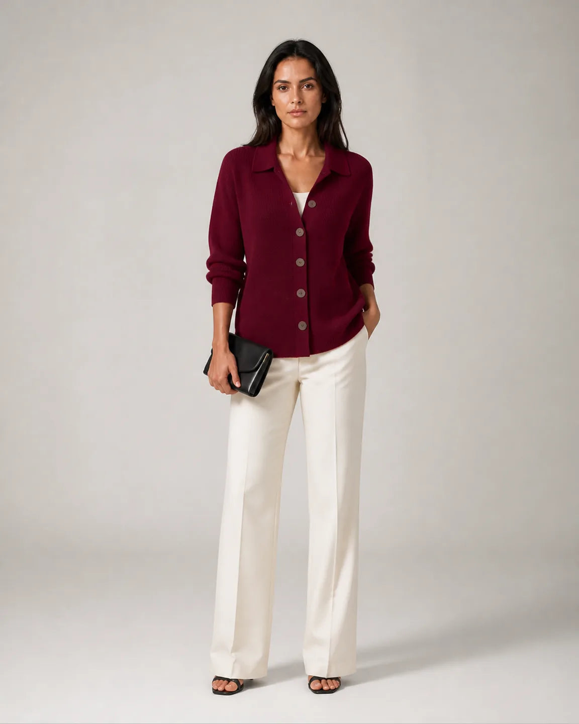 Ava-Belle Button-Up Knit Cardigan in Wine Red — full-body studio view