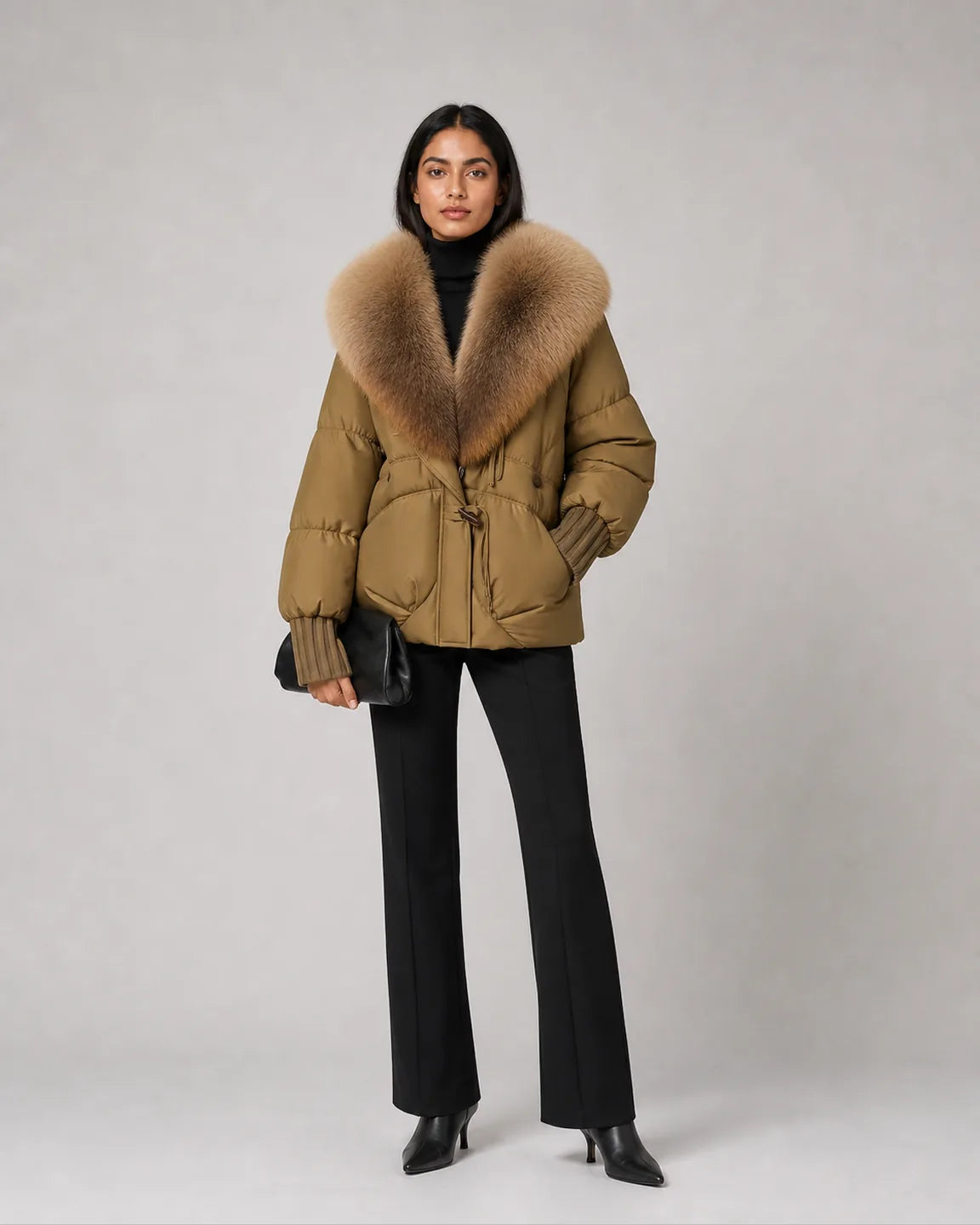 Ava-Grace Elegant Coat in Khaki — full-body studio view
