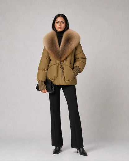 Ava-Grace Elegant Coat in Khaki — full-body studio view