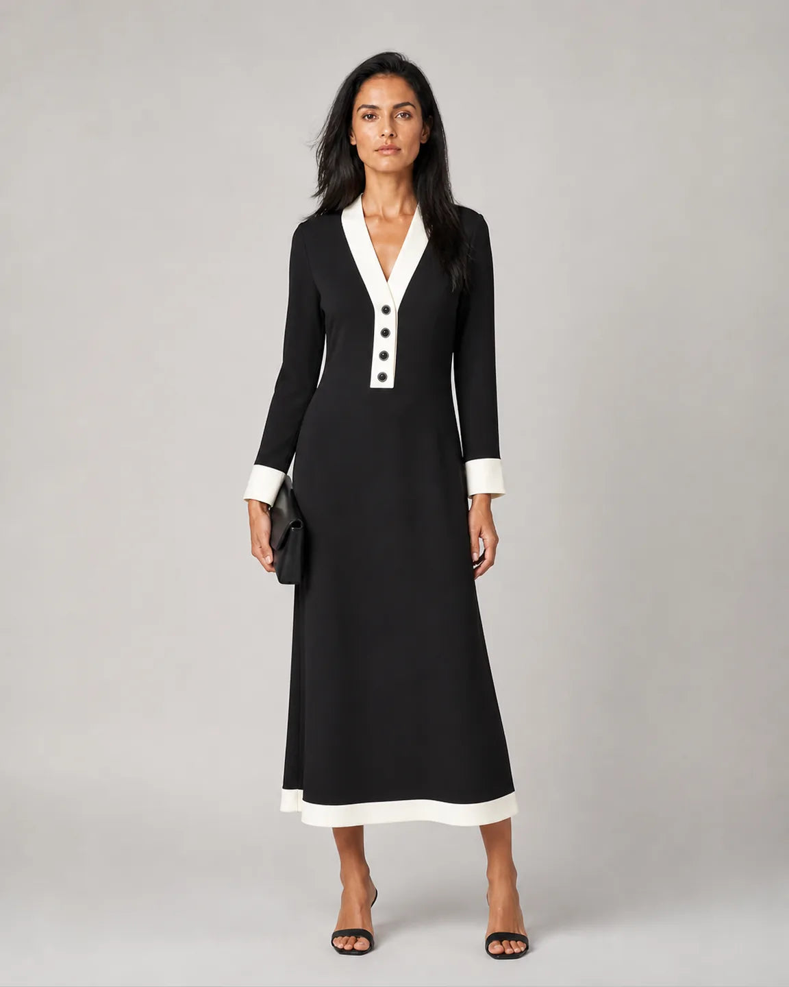 Ava-Jane Stylish Long-Sleeve Dress in Black — full-body studio view