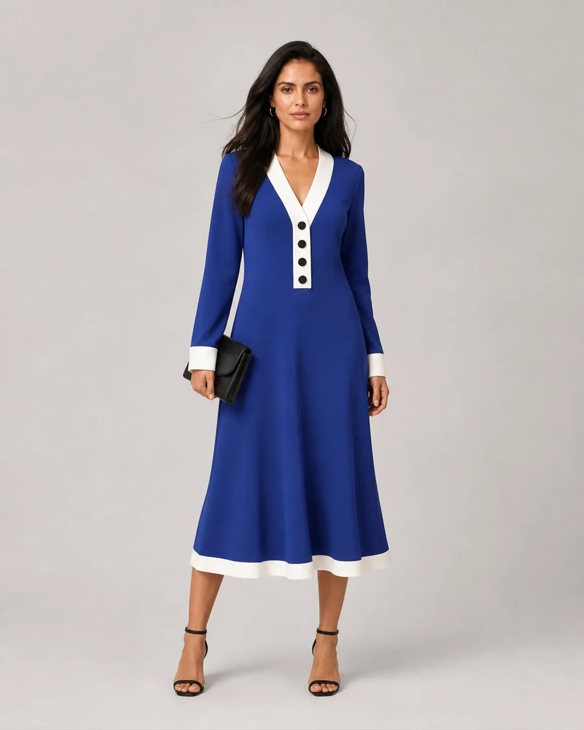 Ava-Jane Stylish Long-Sleeve Dress in Blue — full-body studio view
