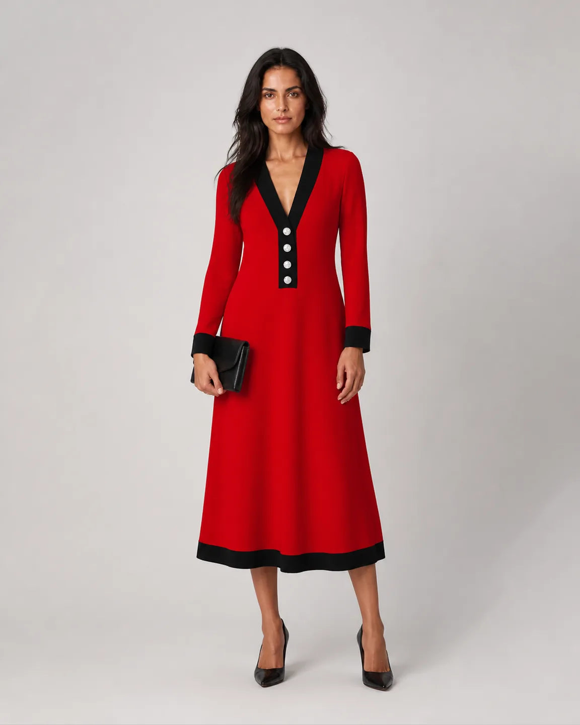 Ava-Jane Stylish Long-Sleeve Dress in Red — full-body studio view