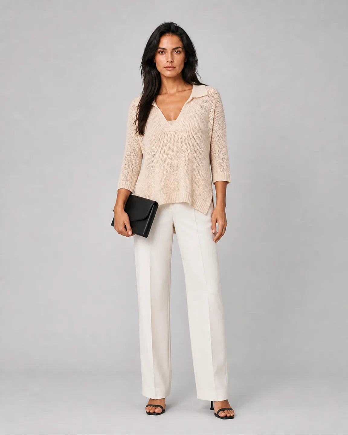 Ava-June Elegant V-neck top in Beige — full-body studio view