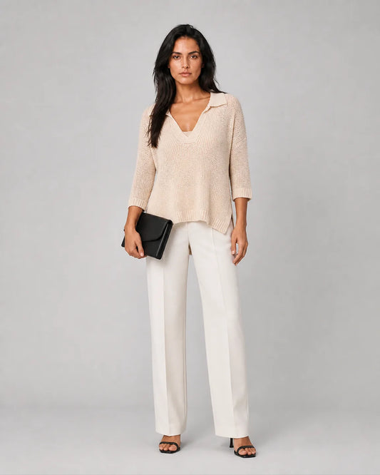 Ava-June Elegant V-neck top in Beige — full-body studio view