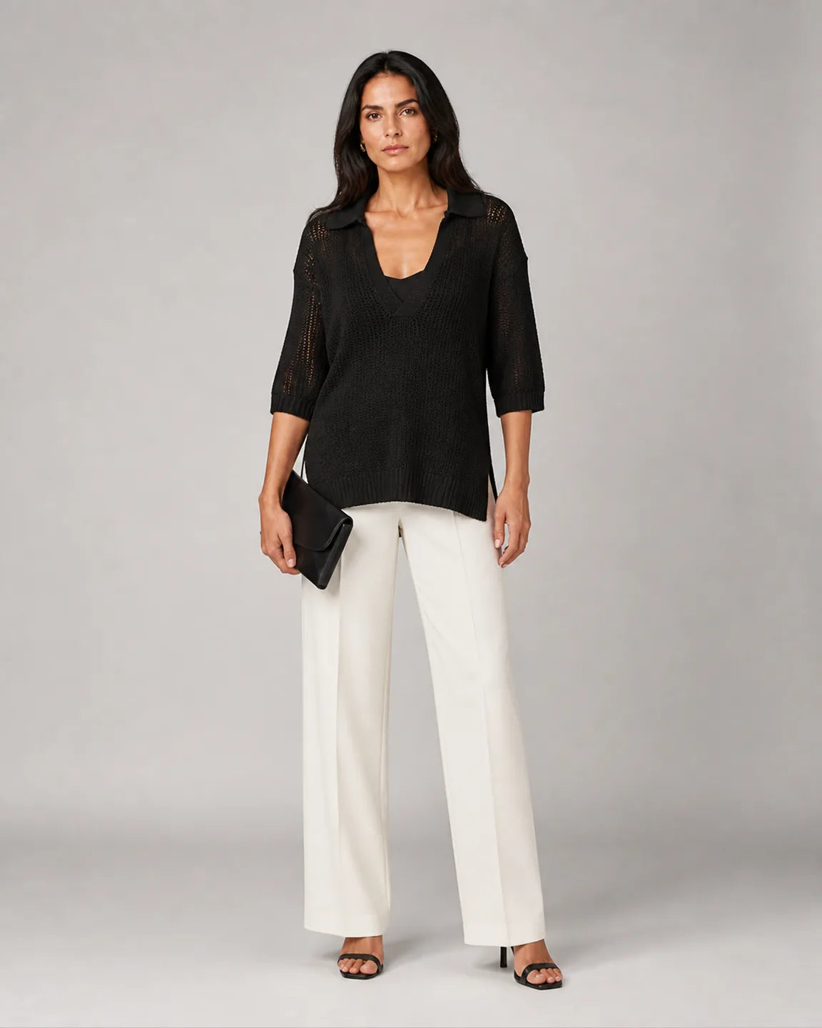 Ava-June Elegant V-neck top in Black — full-body studio view