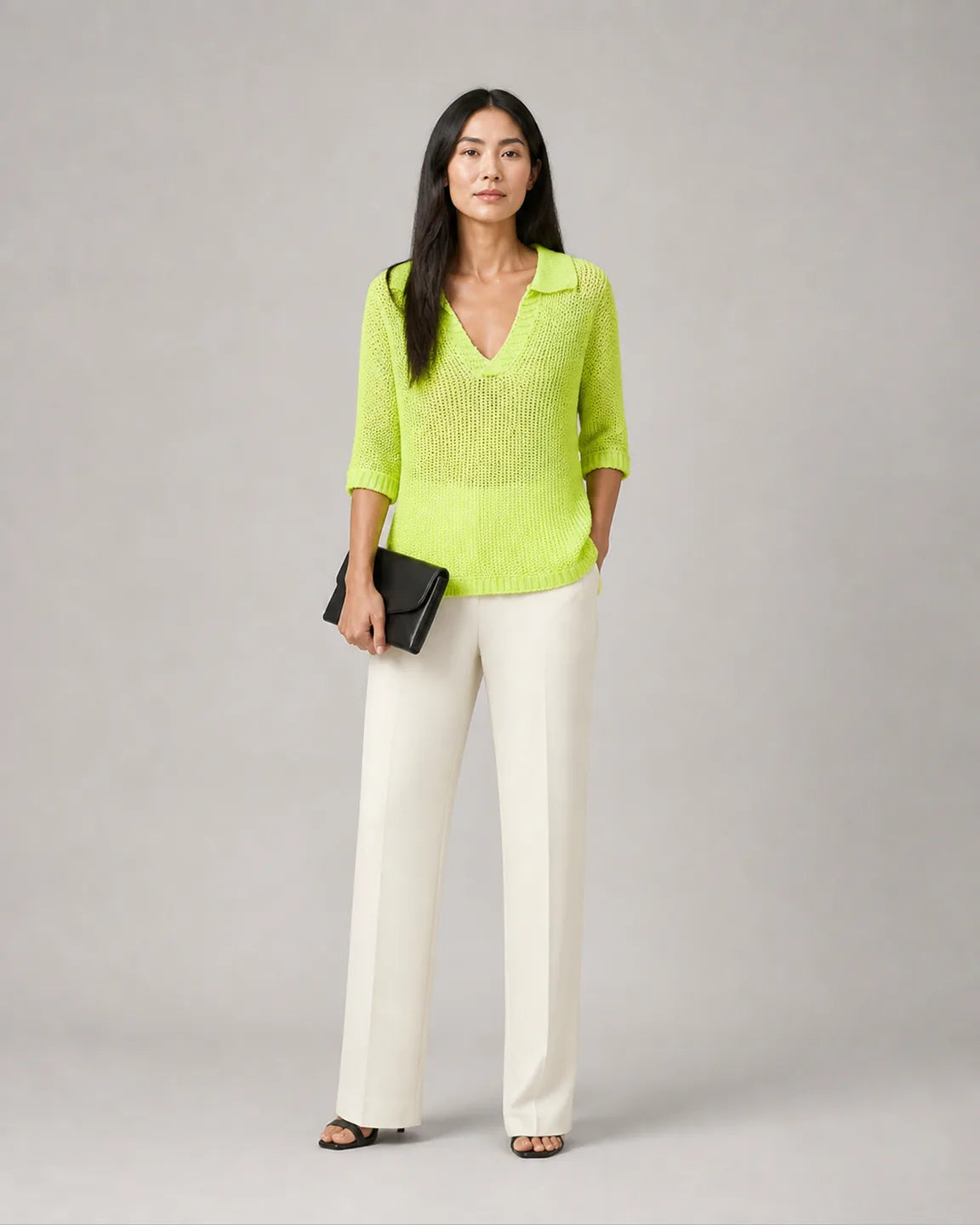 Ava-June Elegant V-neck top in Green — full-body studio view