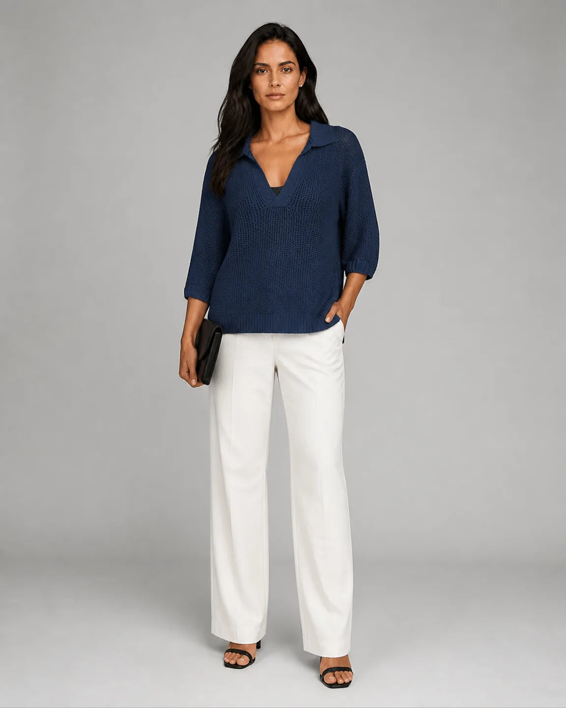 Ava-June Elegant V-neck top in Navy Blue — full-body studio view