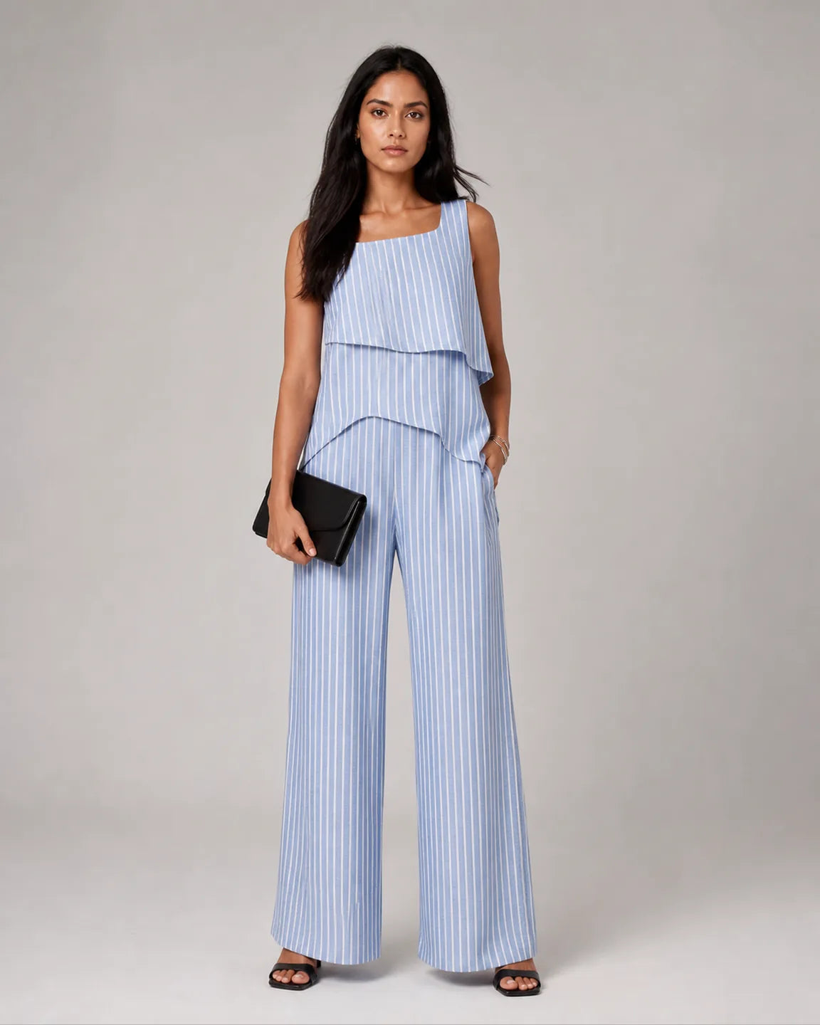 Ava-Mae Elegant Two-Piece Set in Striped — full-body studio view
