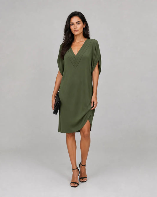 Ava-Pearl Elegant Half-Sleeve Dress in Army Green — full-body studio view