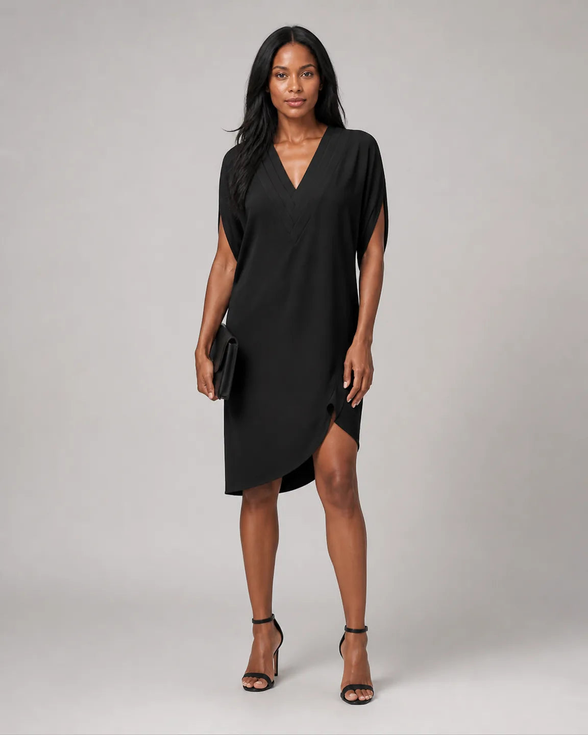 Ava-Pearl Elegant Half-Sleeve Dress in Black — full-body studio view
