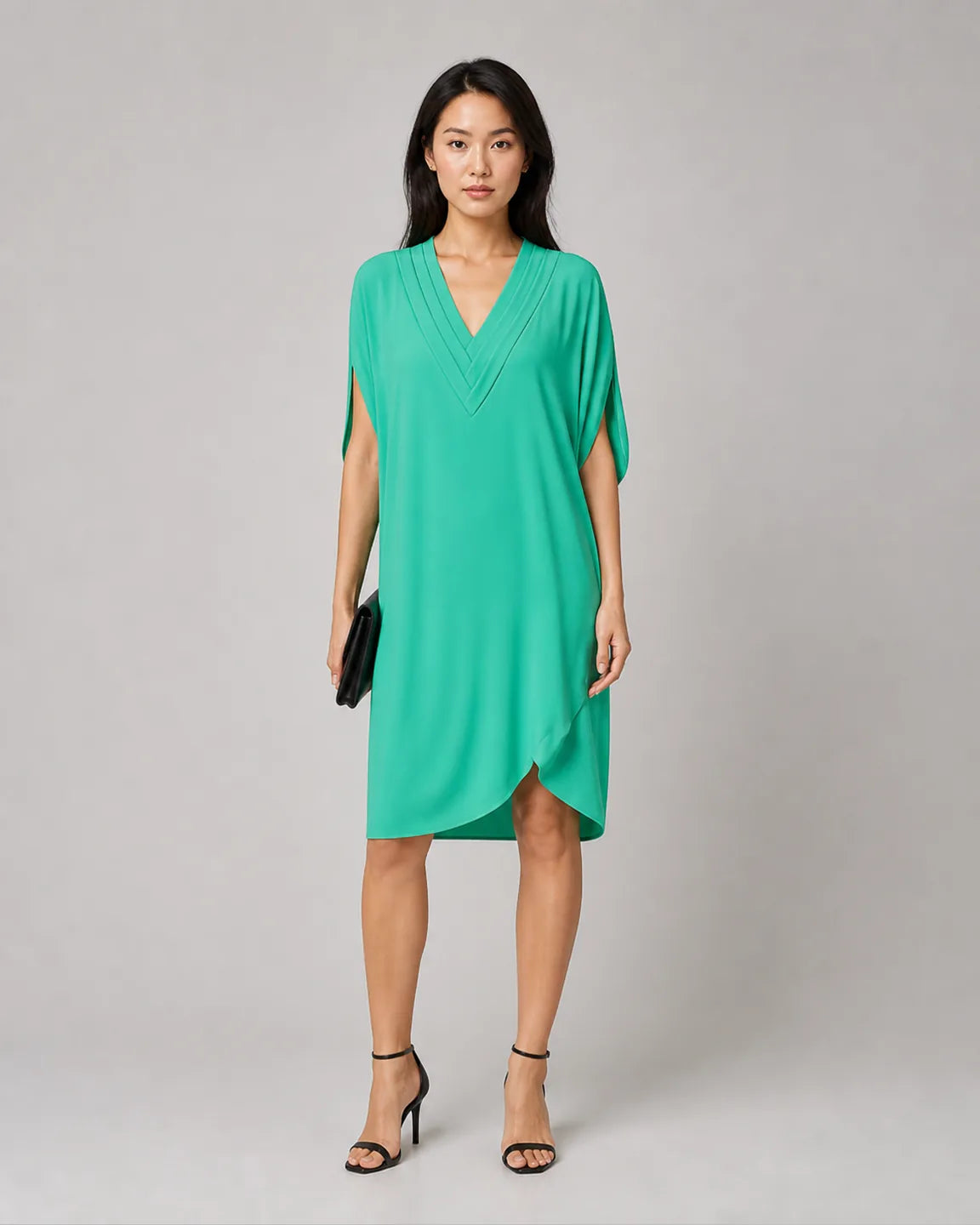 Ava-Pearl Elegant Half-Sleeve Dress in Green — full-body studio view