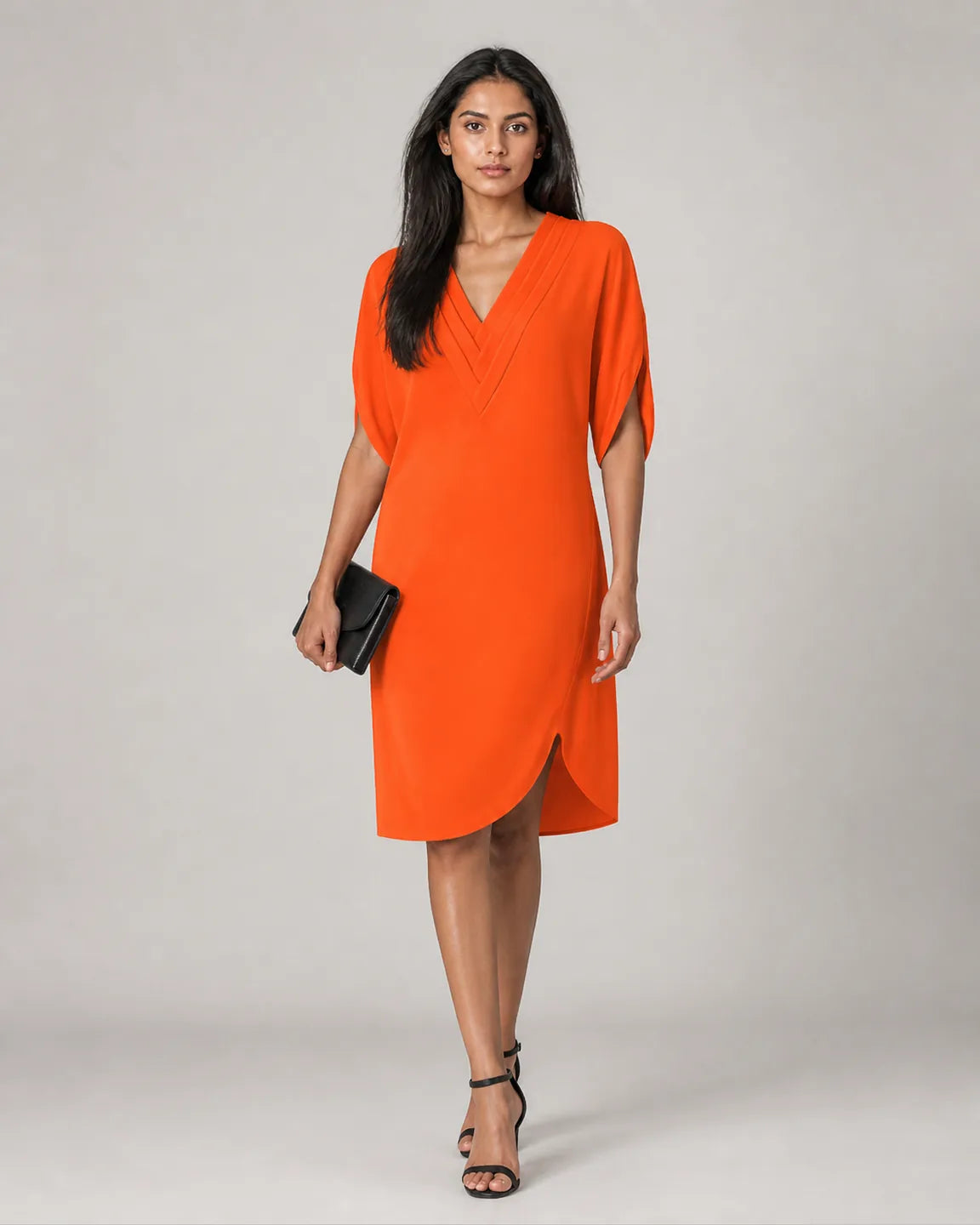 Ava-Pearl Elegant Half-Sleeve Dress in Orange — full-body studio view