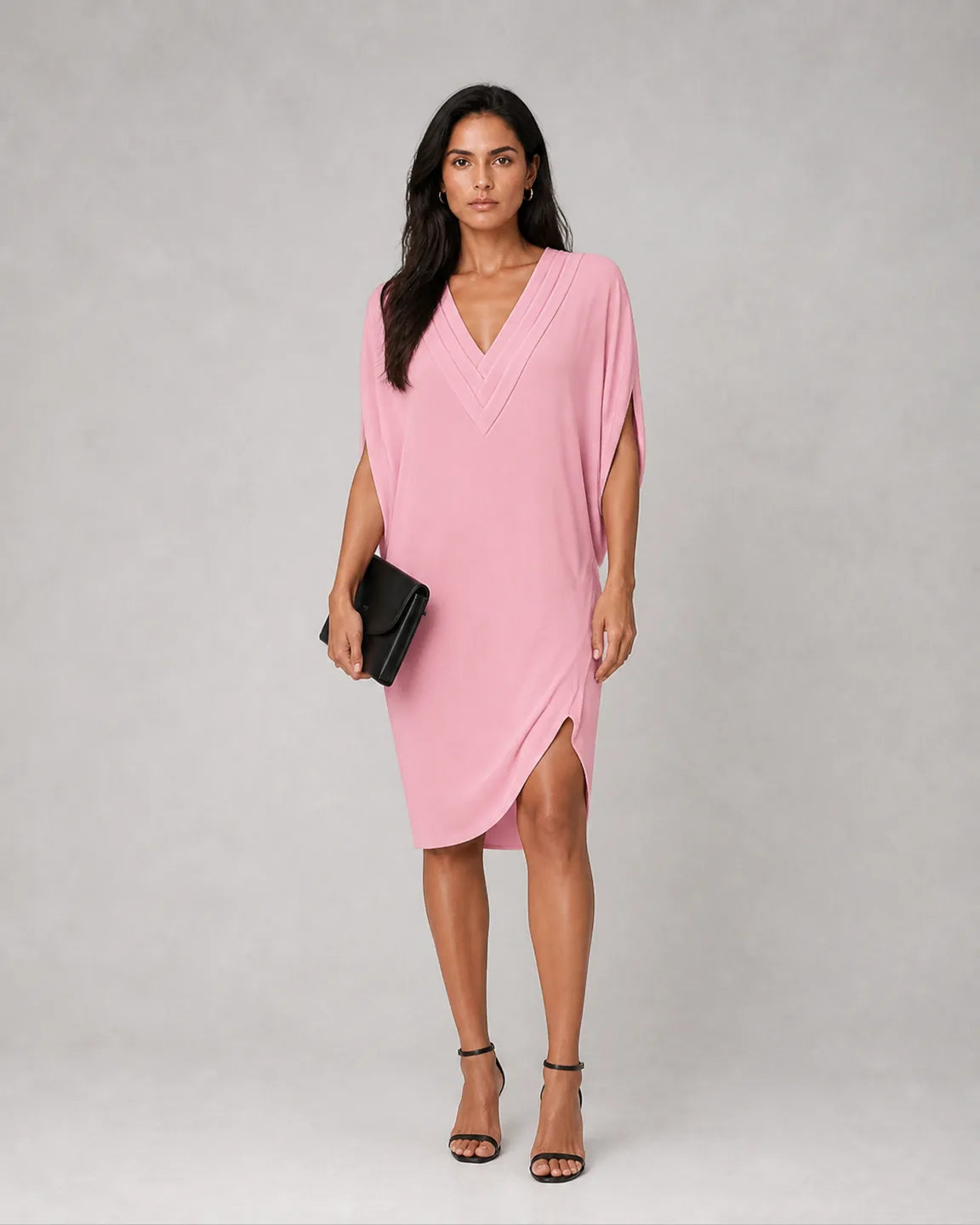 Ava-Pearl Elegant Half-Sleeve Dress in Pink — full-body studio view