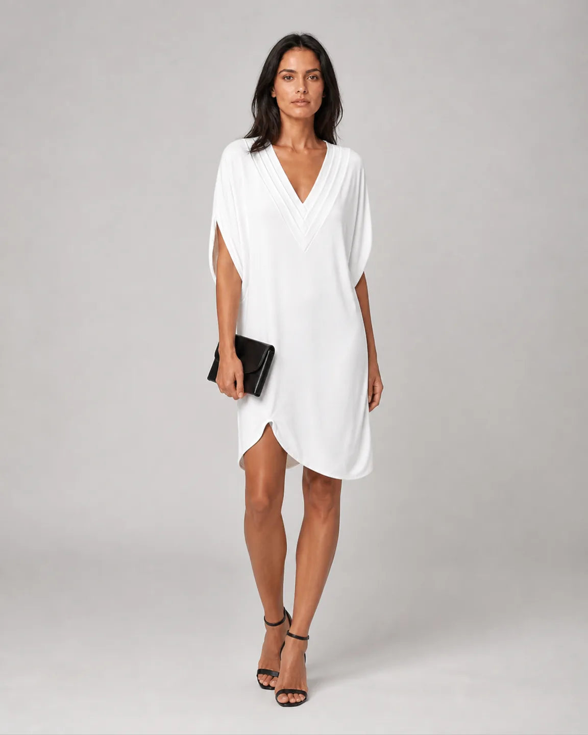 Ava-Pearl Elegant Half-Sleeve Dress in White — full-body studio view