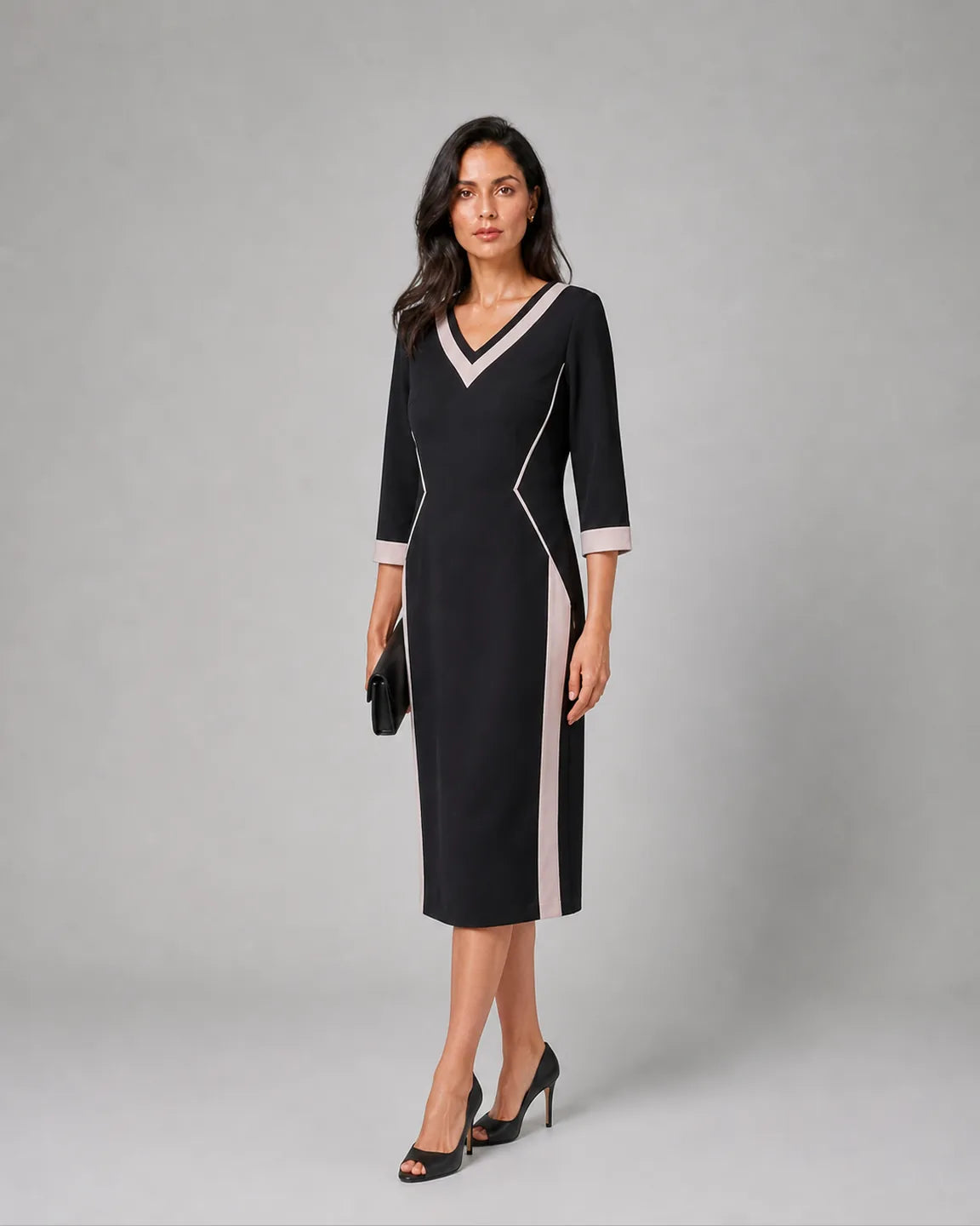 Ava-Rose Elegant V-neck dress — three-quarter studio view