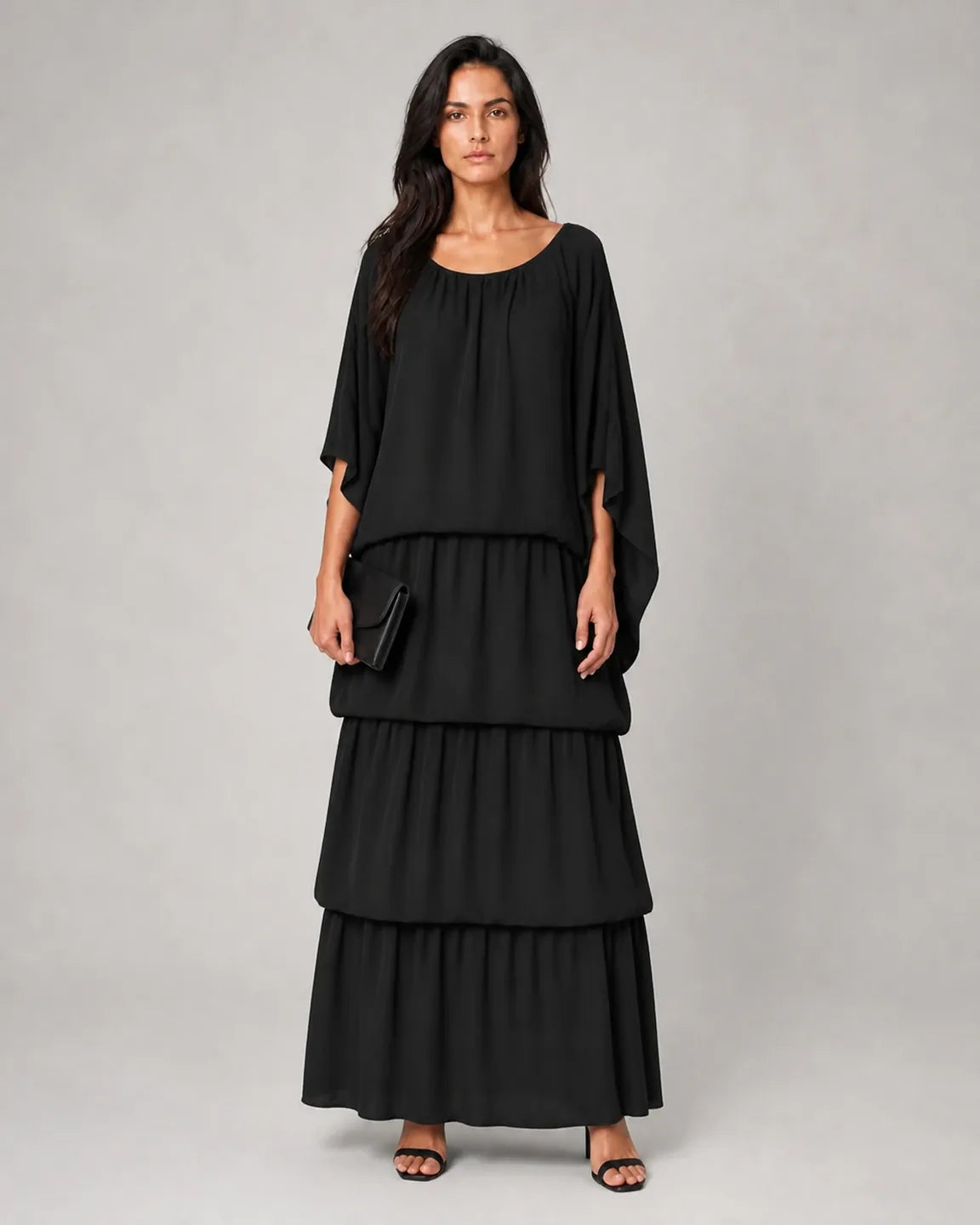 Beatrix Artistic Loose Maxi Dress in Black — full-body studio view