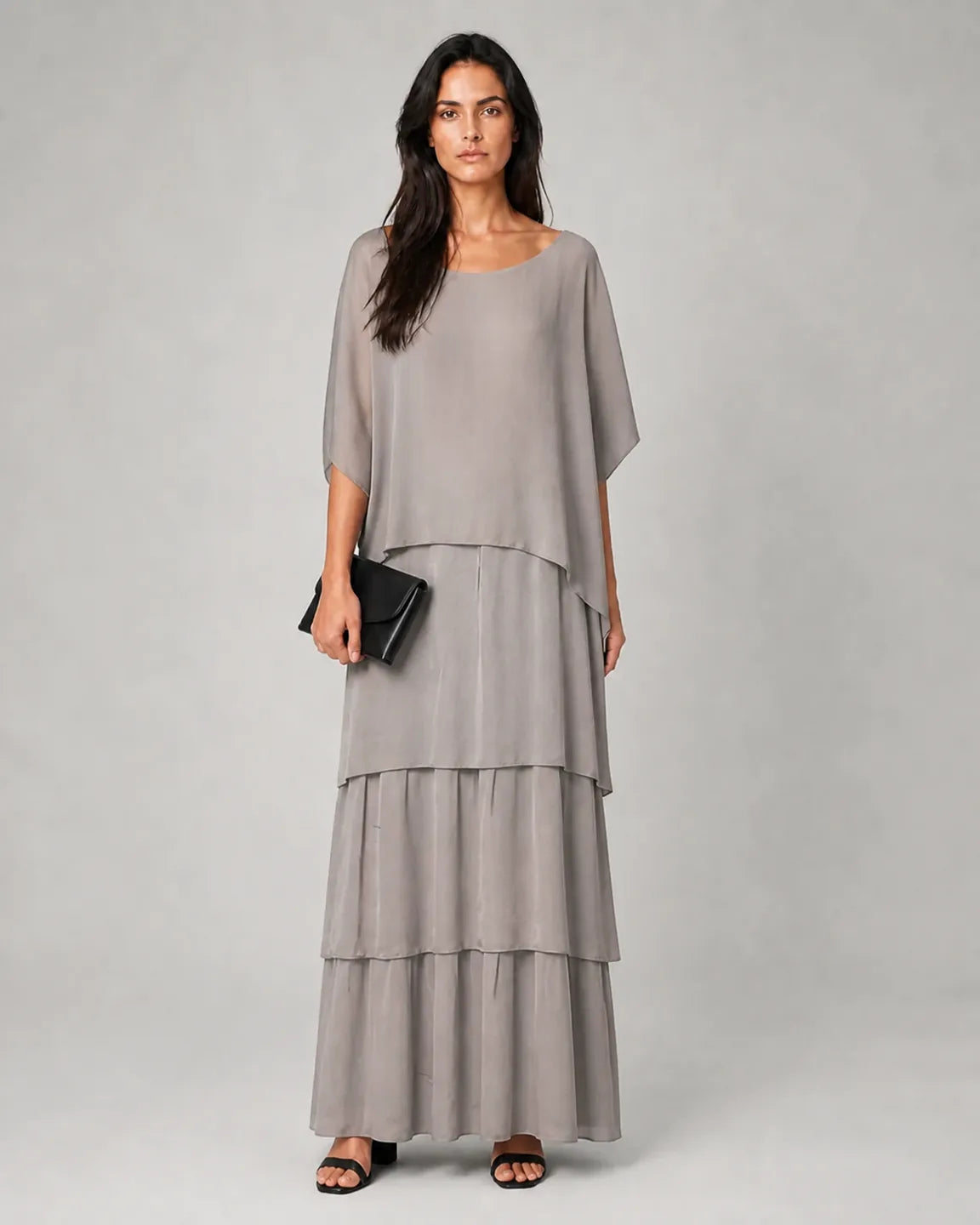 Beatrix Artistic Loose Maxi Dress in Gray — full-body studio view