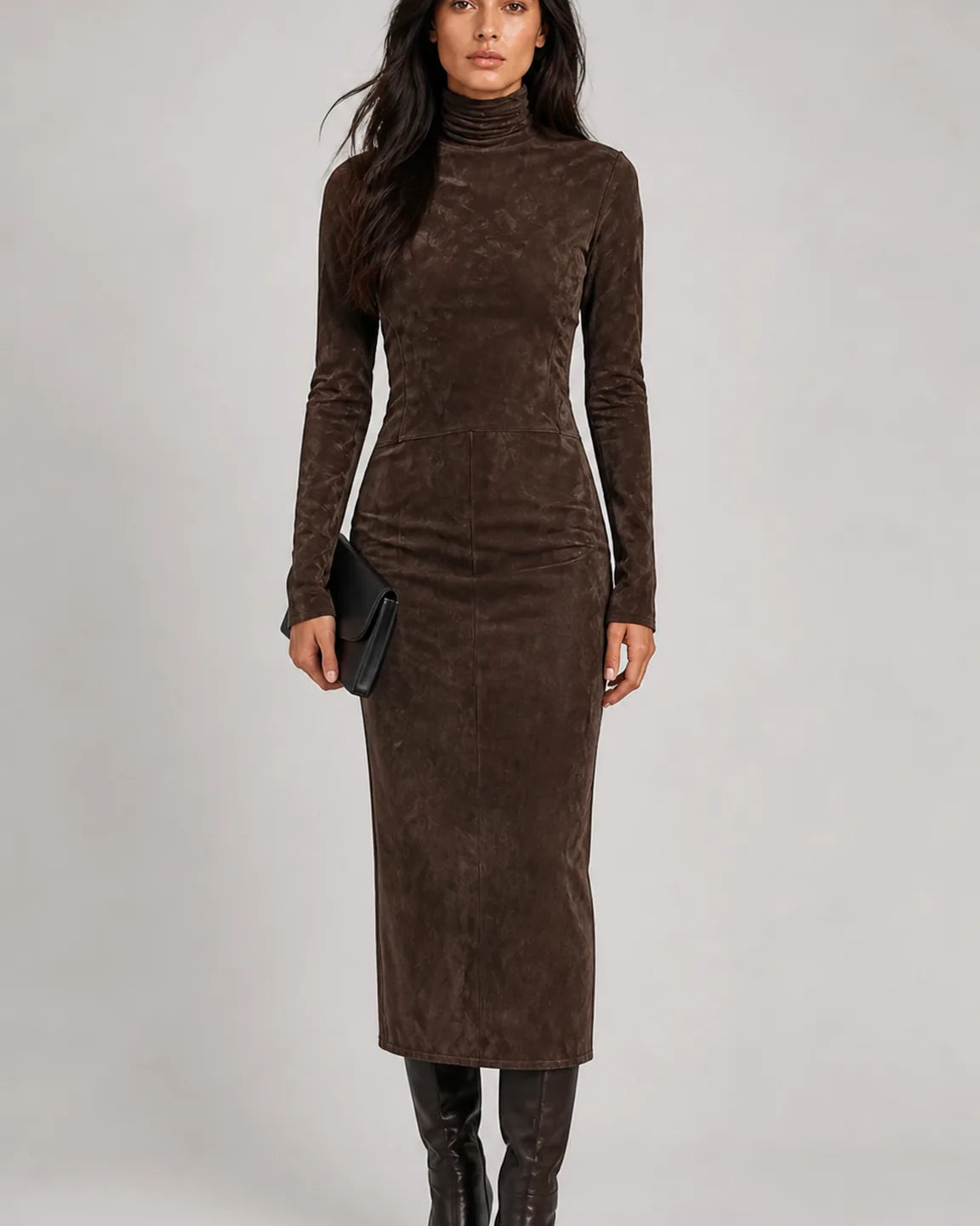 Cecily™ Classic V-Neck Dress in Chocolate Brown - full body studio front view