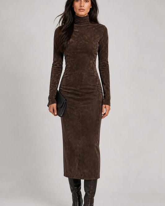 Cecily™ Classic V-Neck Dress in Chocolate Brown - full body studio front view