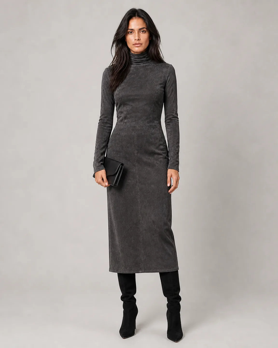 Cecily™ Classic V-Neck Dress in Dark Gray - full body studio front view