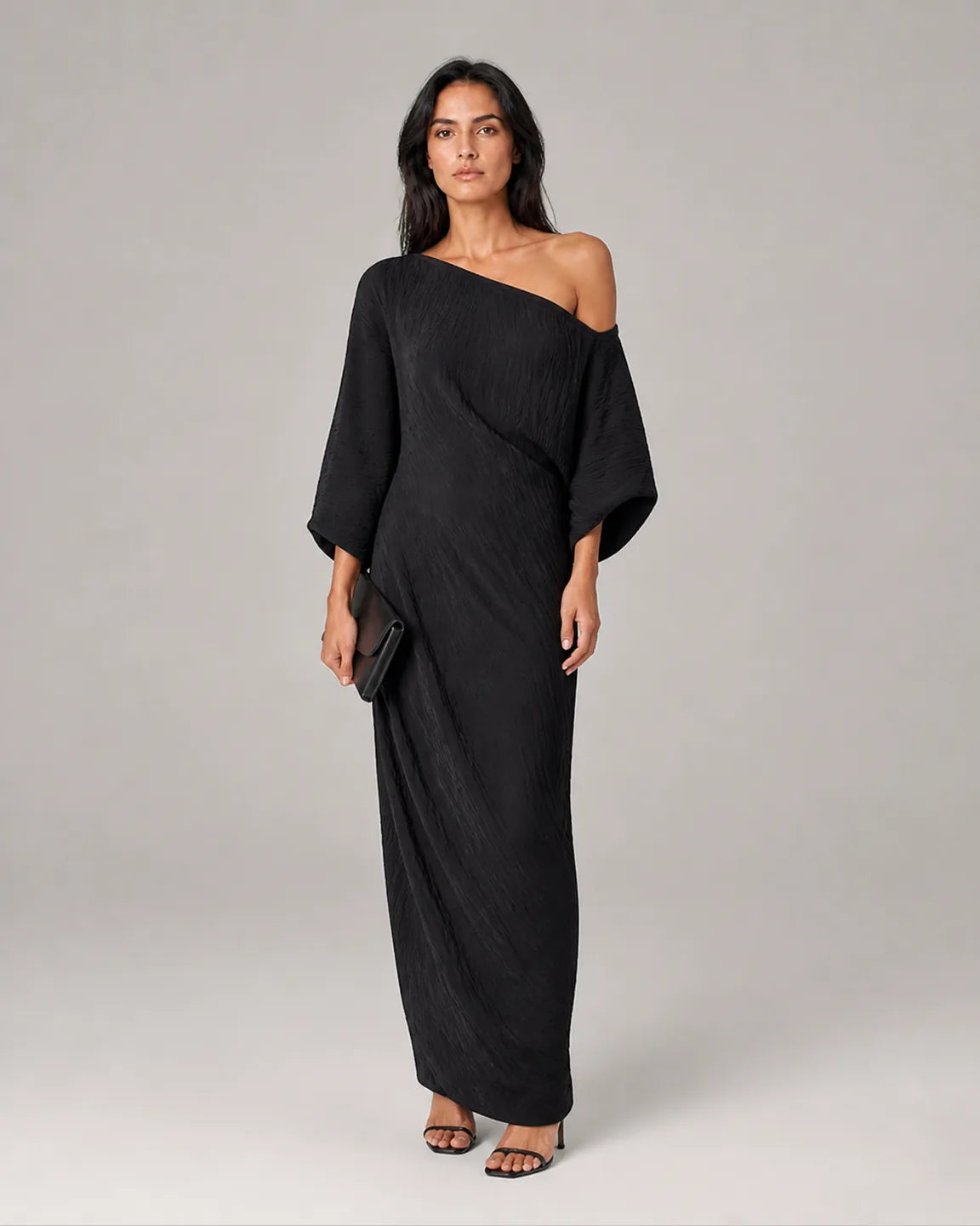 Cora-Belle Elegant Maxi Dress in Black — full-body studio view