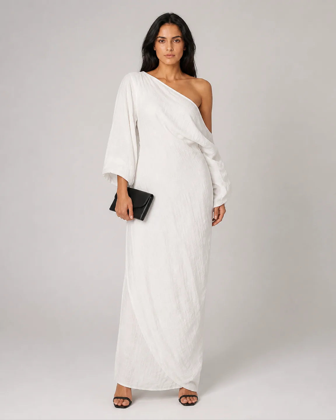Cora-Belle Elegant Maxi Dress in White — full-body studio view