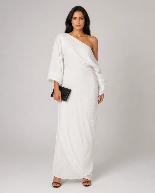 Cora-Belle Elegant Maxi Dress in White — full-body studio view