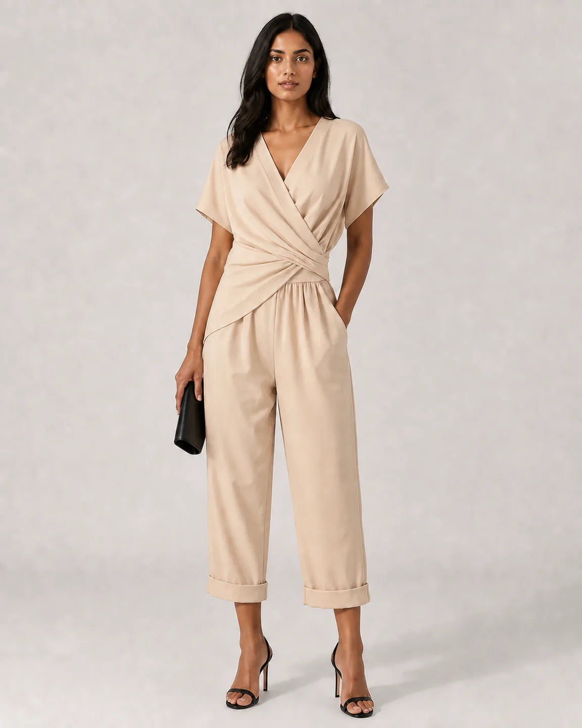 Cora-Faye™ Elegant Two-Piece Set in Apricot - full body studio front view