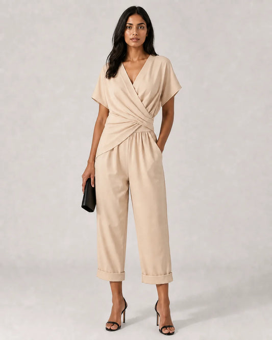Cora-Faye™ Elegant Two-Piece Set in Apricot - full body studio front view