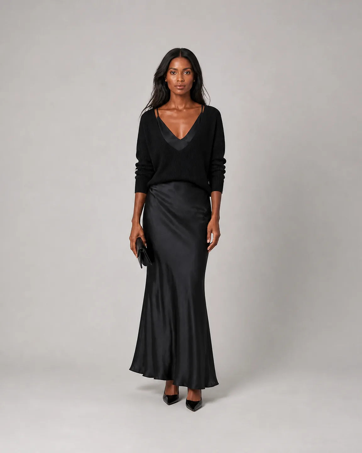 Cora-Jane™ Flowing Relaxed Set in Black - full body studio front view