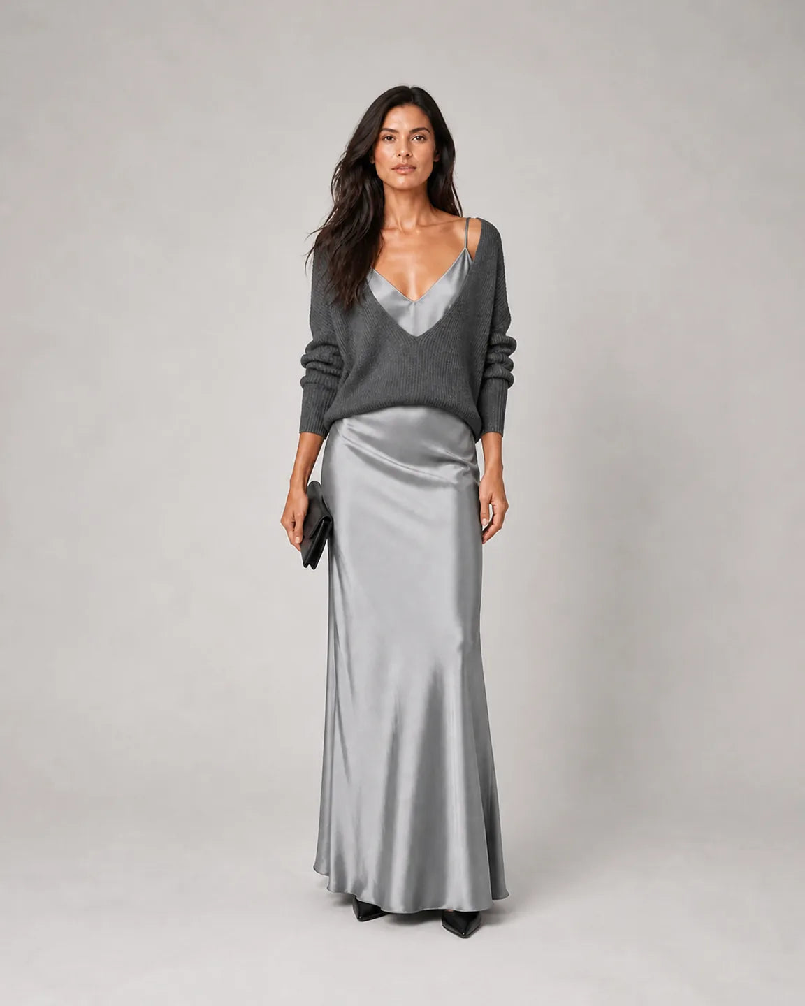 Cora-Jane™ Flowing Relaxed Set in Gray - full body studio front view