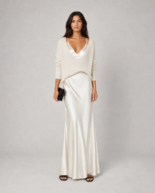 Cora-Jane™ Flowing Relaxed Set in White - full body studio front view