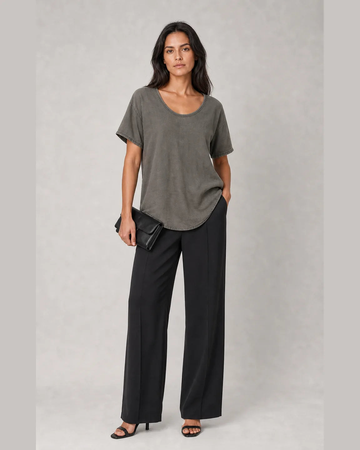 Cora-June Comfortable Loose Fit T-Shirt in Dark Gray — full-body studio view