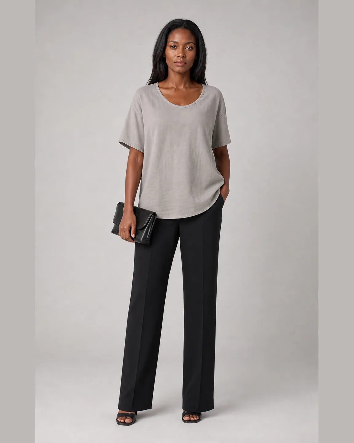 Cora-June Comfortable Loose Fit T-Shirt in Light Gray — full-body studio view