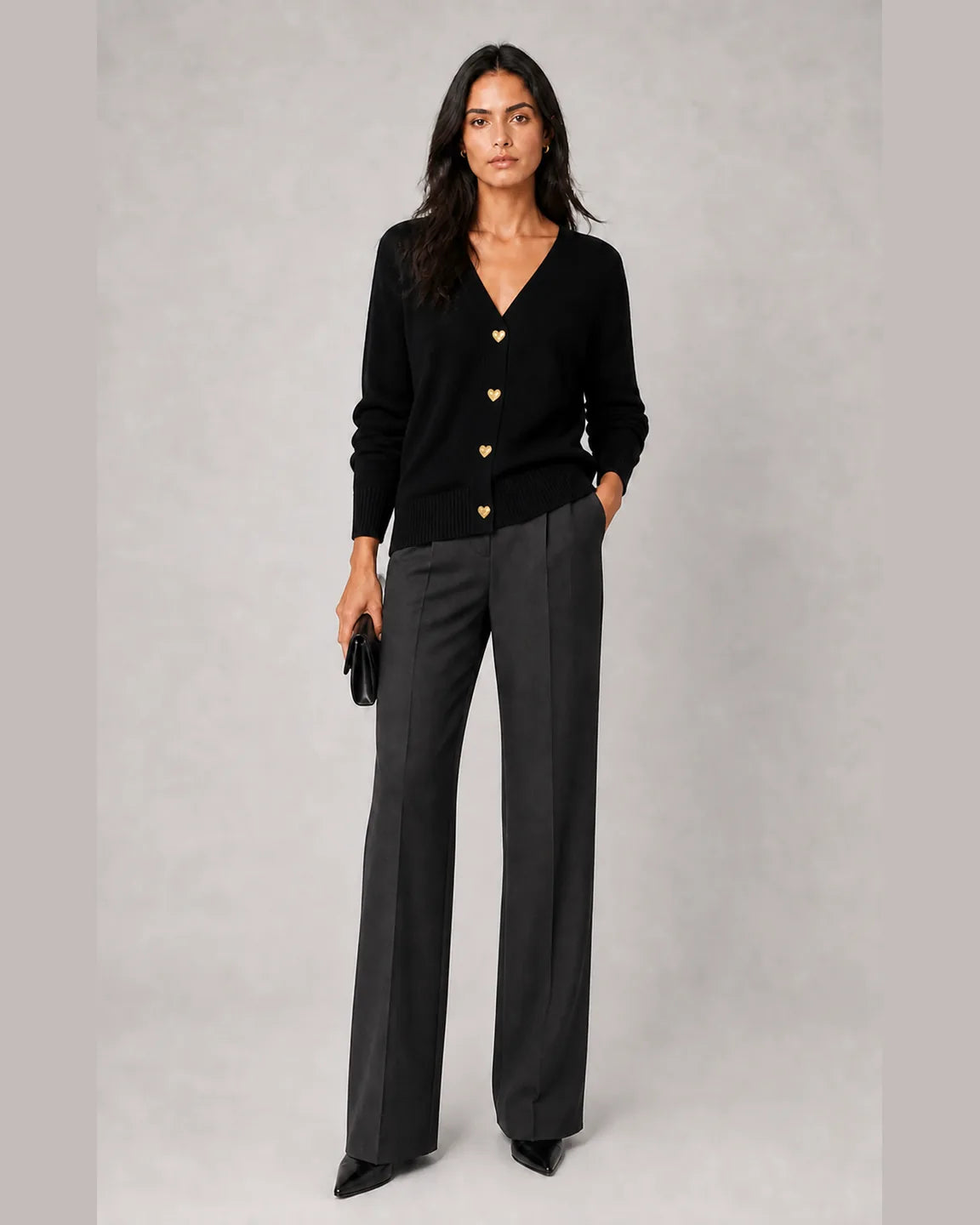 Cora-Mae Elegant Cardigan in Black — full-body studio view