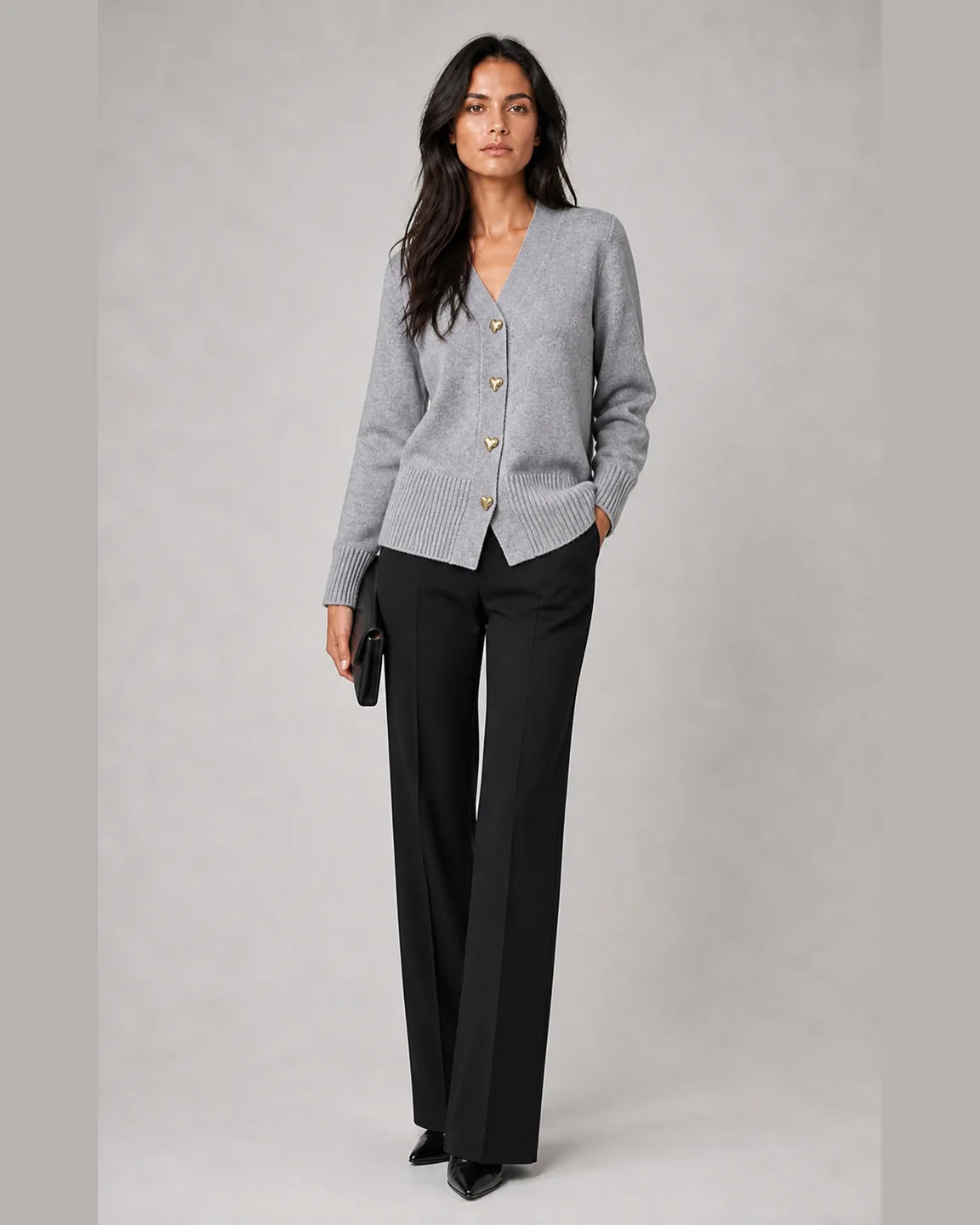 Cora-Mae Elegant Cardigan in Gray — full-body studio view